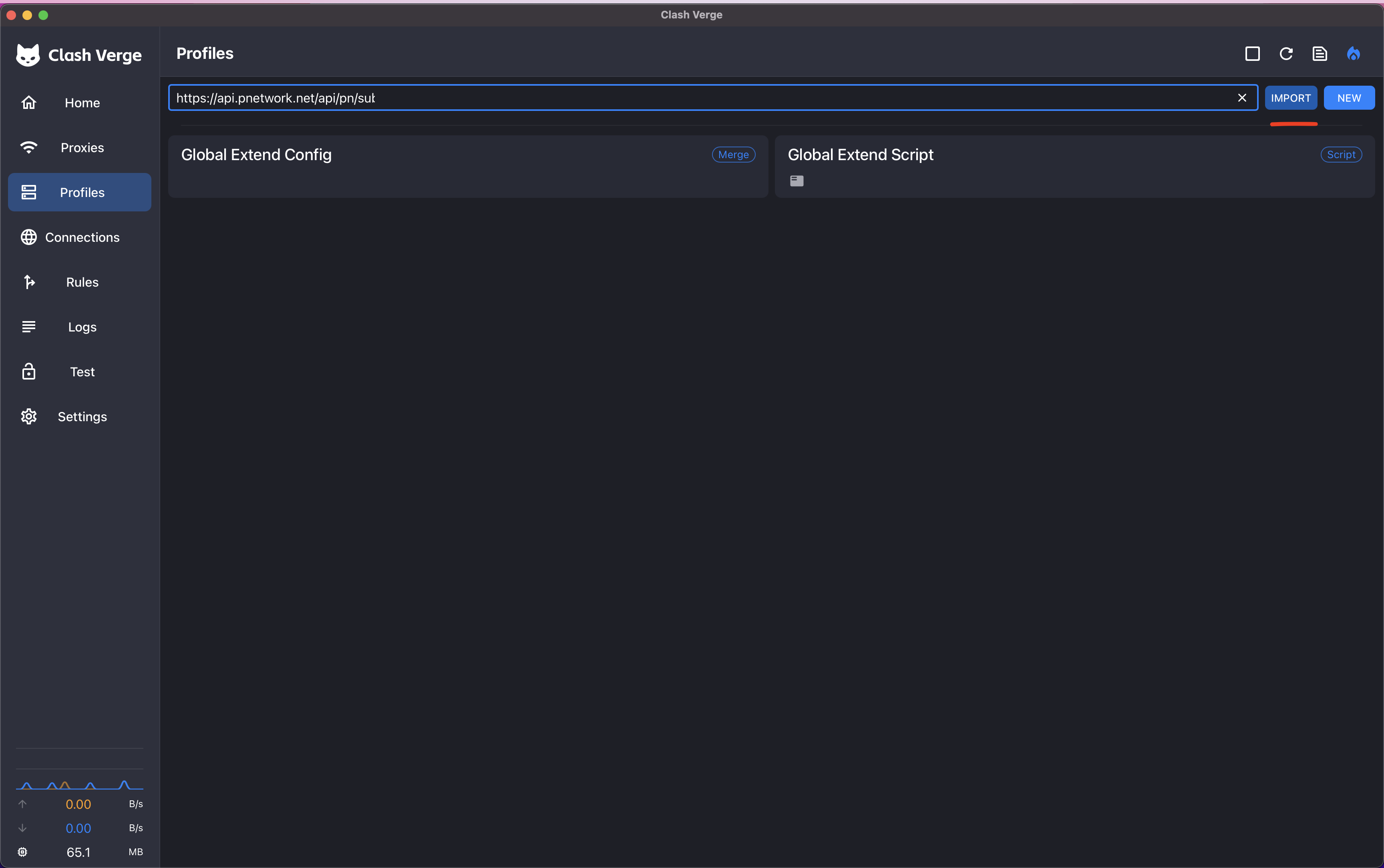 Clash Verge Rev Profiles tab with the subscription link pasted into the URL box