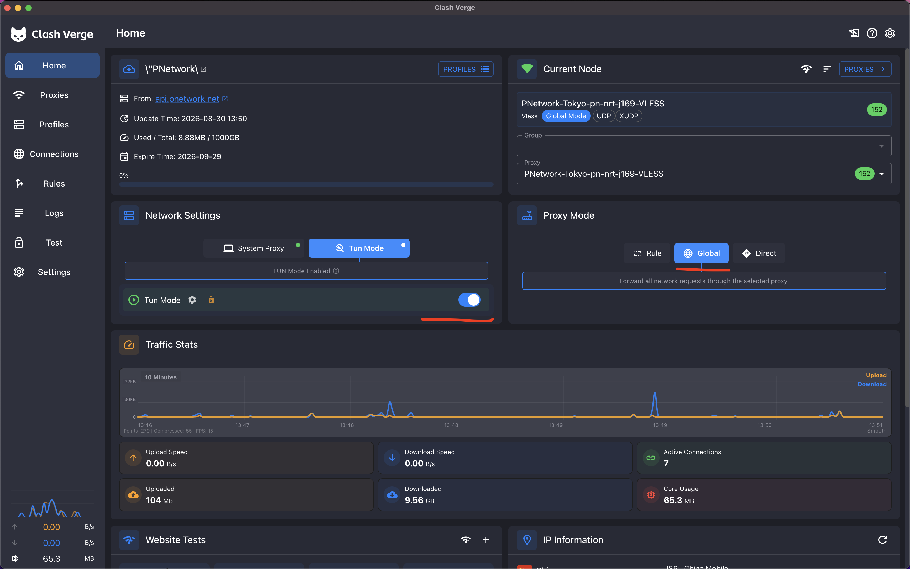 Clash Verge Rev Home with Tun Mode enabled and Proxy Mode set to Global