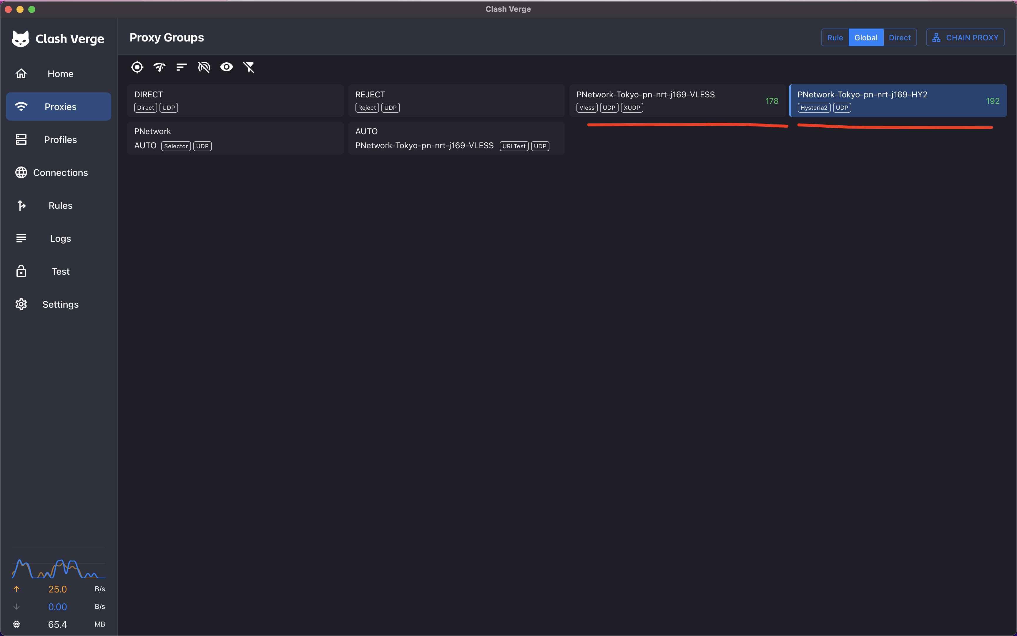 Clash Verge Rev Proxy Groups showing the node's VLESS and HY2 entries to choose from
