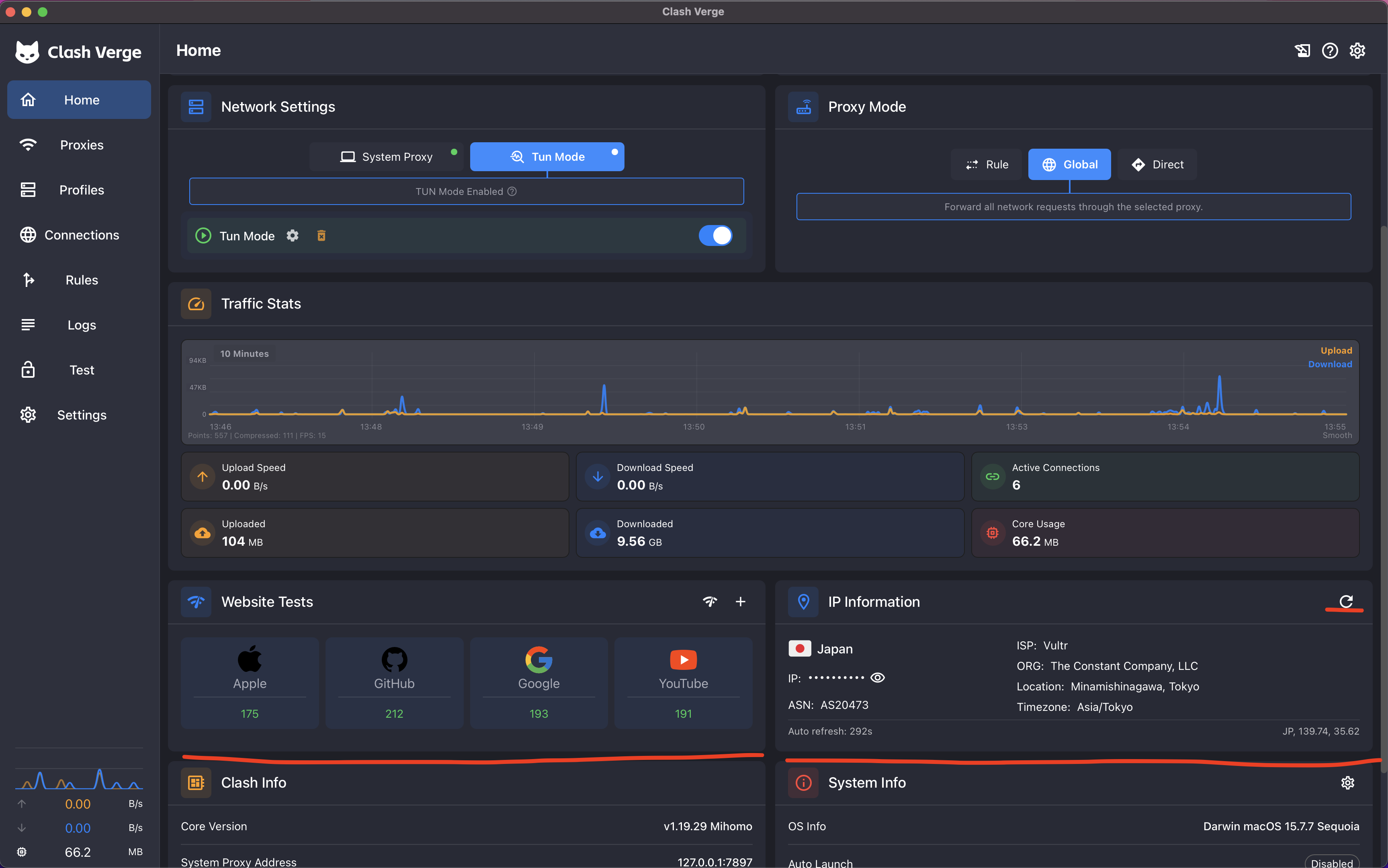 Clash Verge Rev Website Tests all green and IP Information showing the node's region