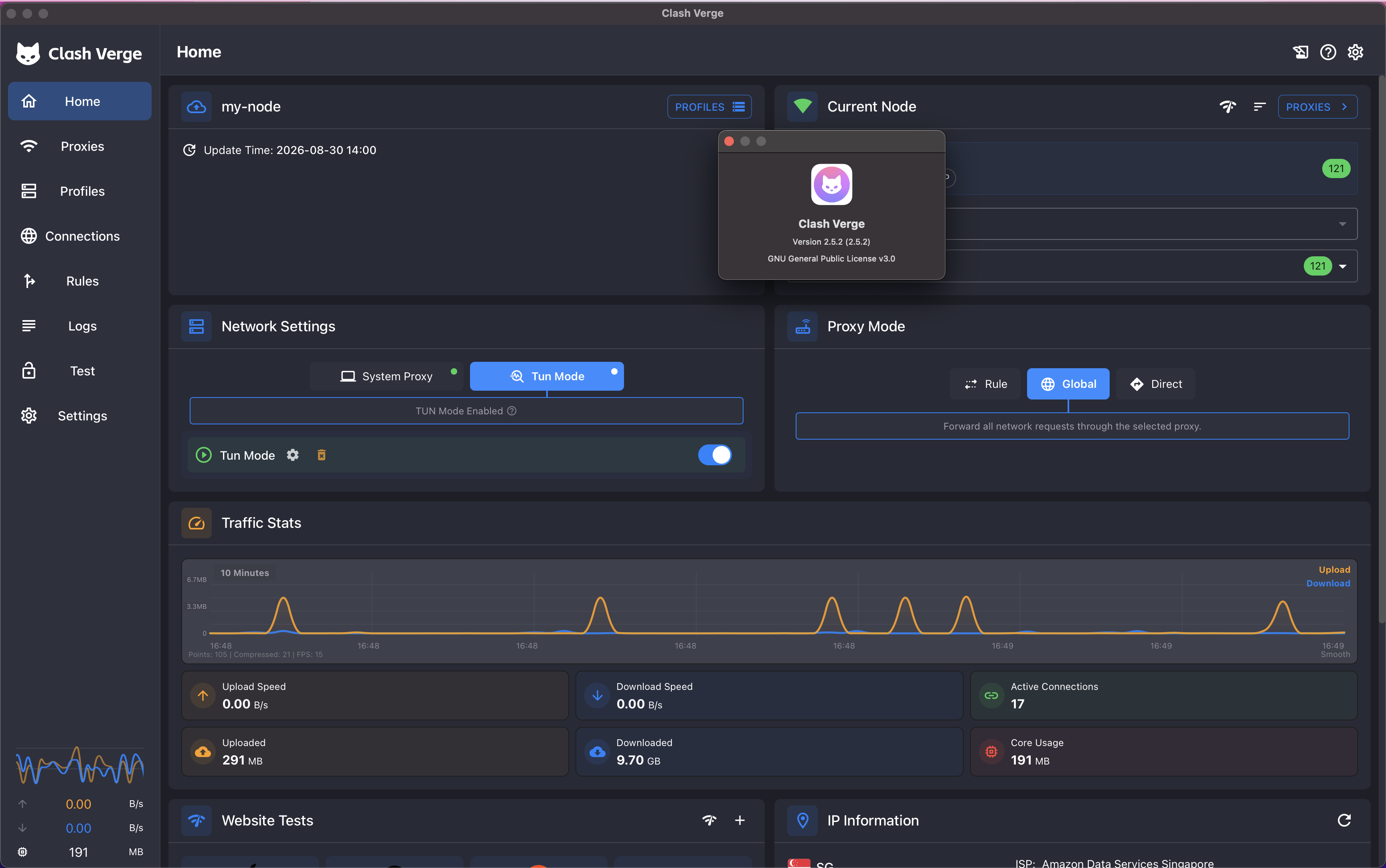 Clash Verge Rev About dialog showing version 2.5.2