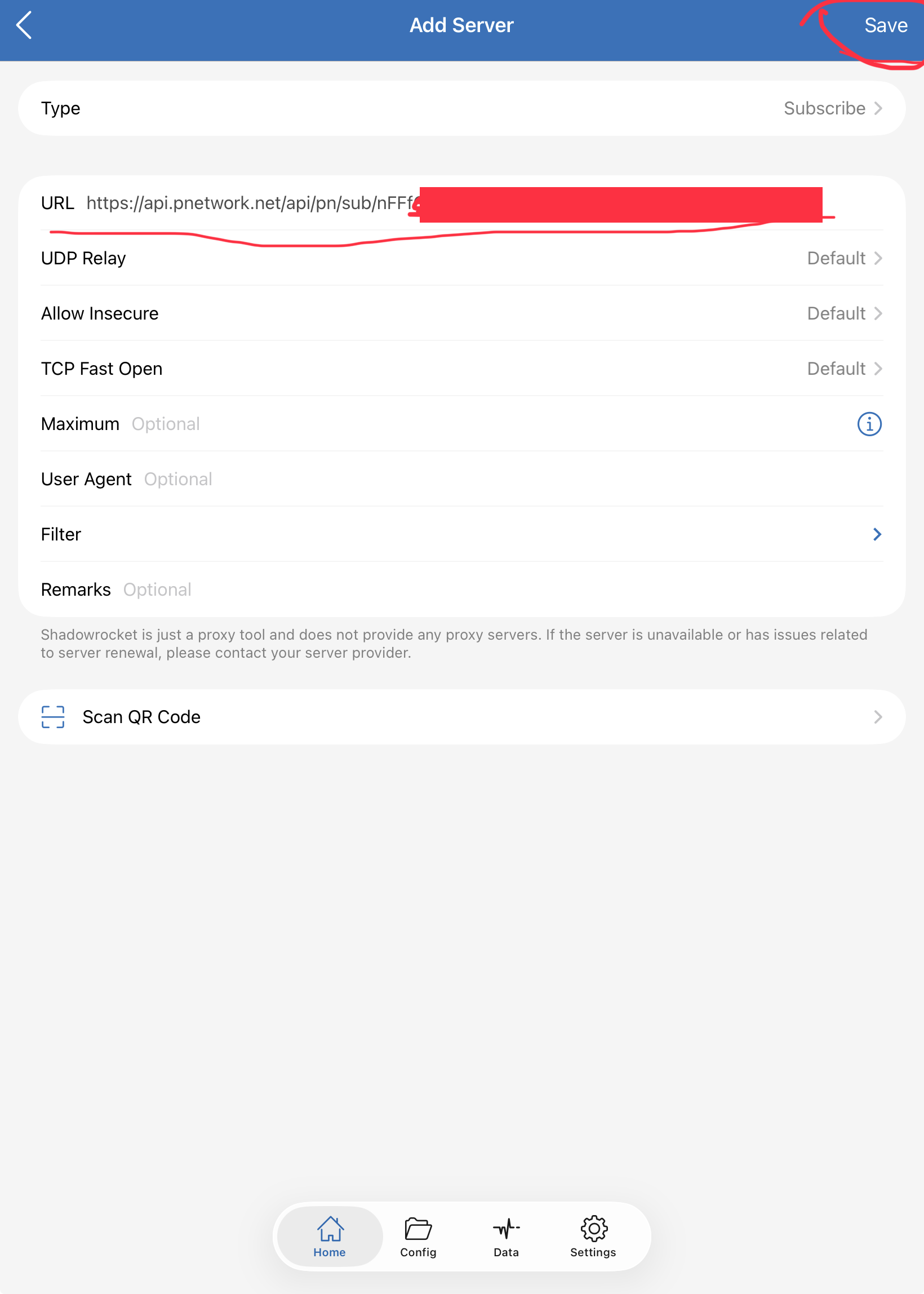 Shadowrocket Add Server screen with Type set to Subscribe and the subscription URL pasted