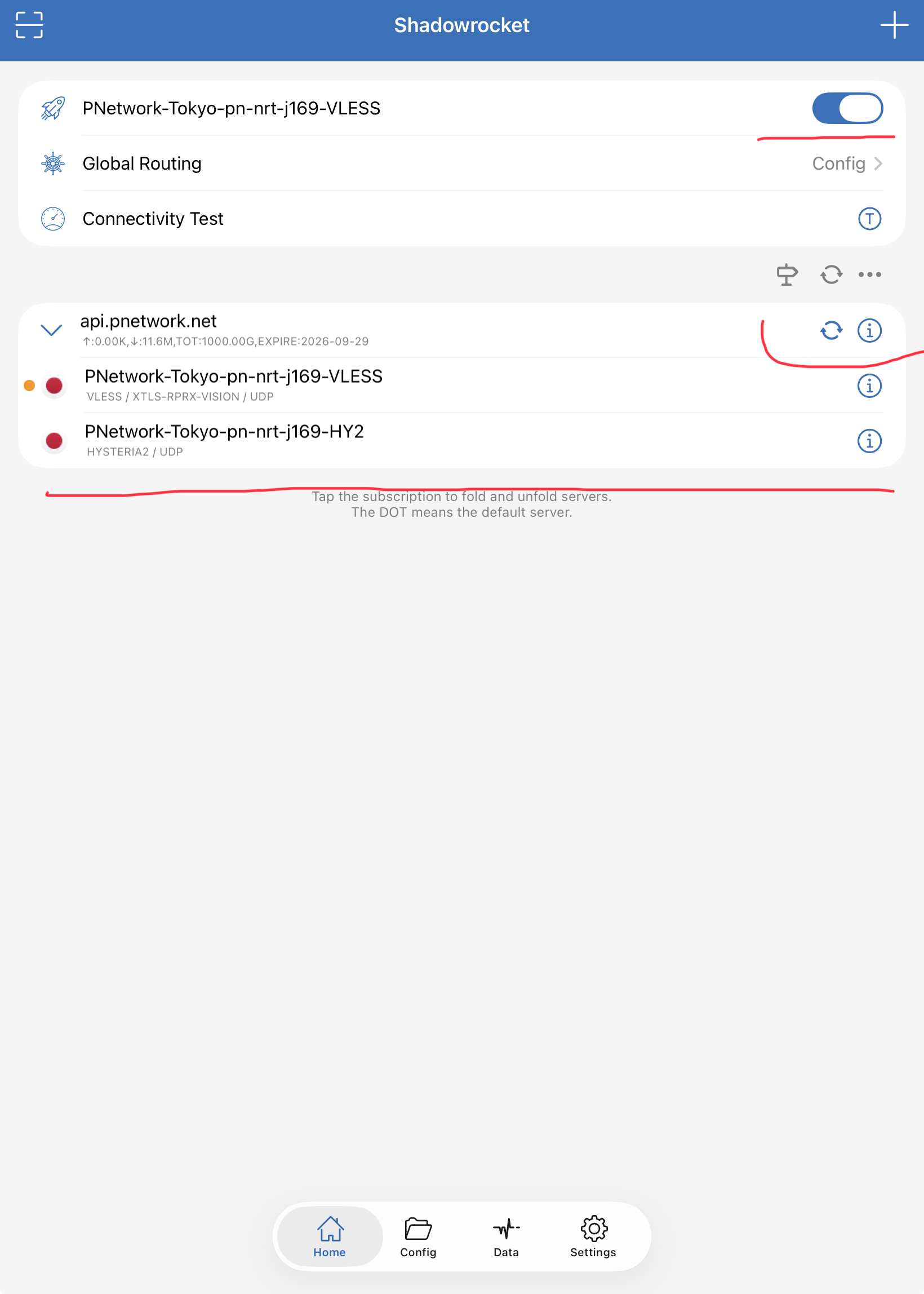 Shadowrocket server list with the PNetwork node selected and the connect toggle on