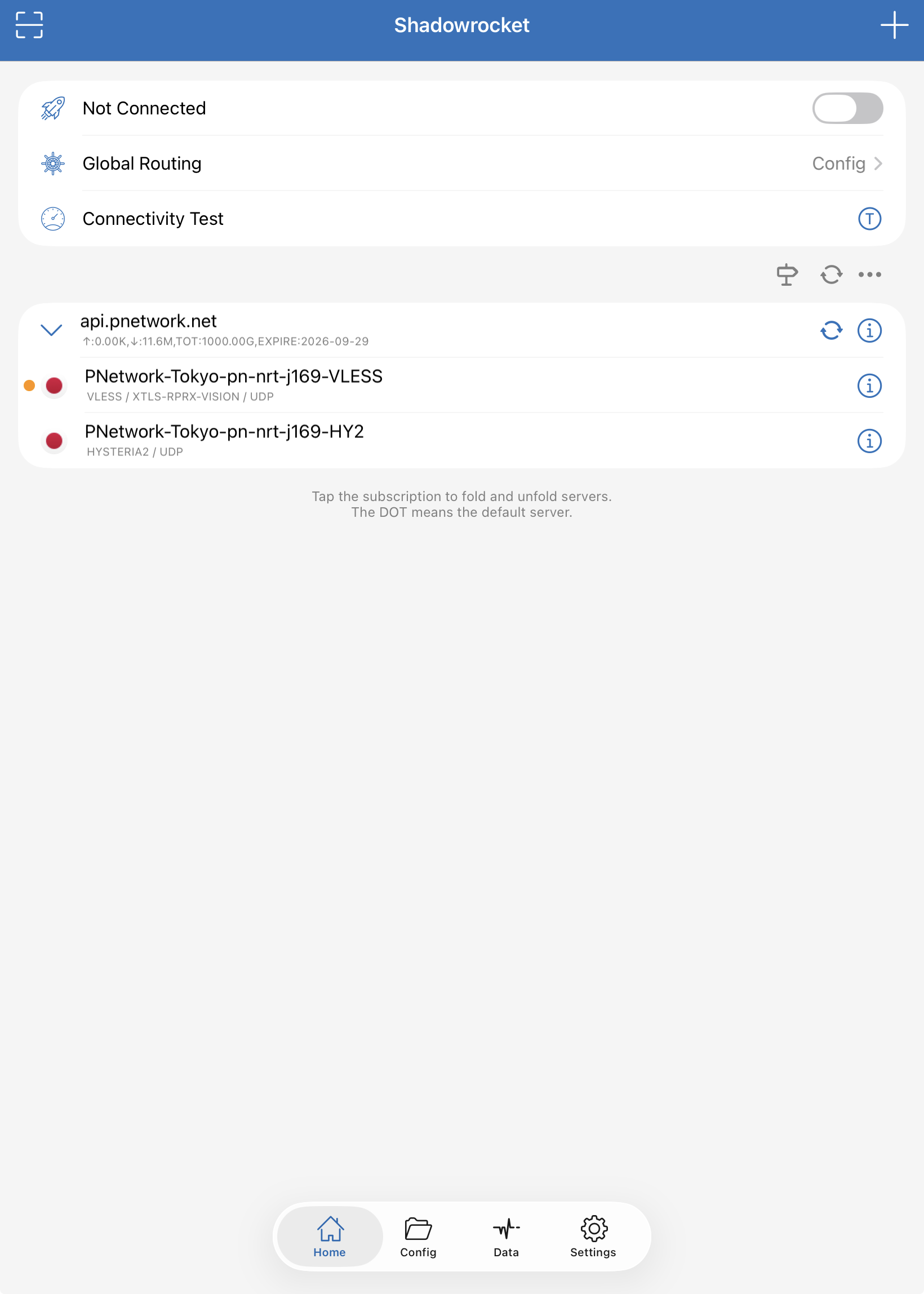 Shadowrocket Home tab showing Not Connected after flipping the toggle off