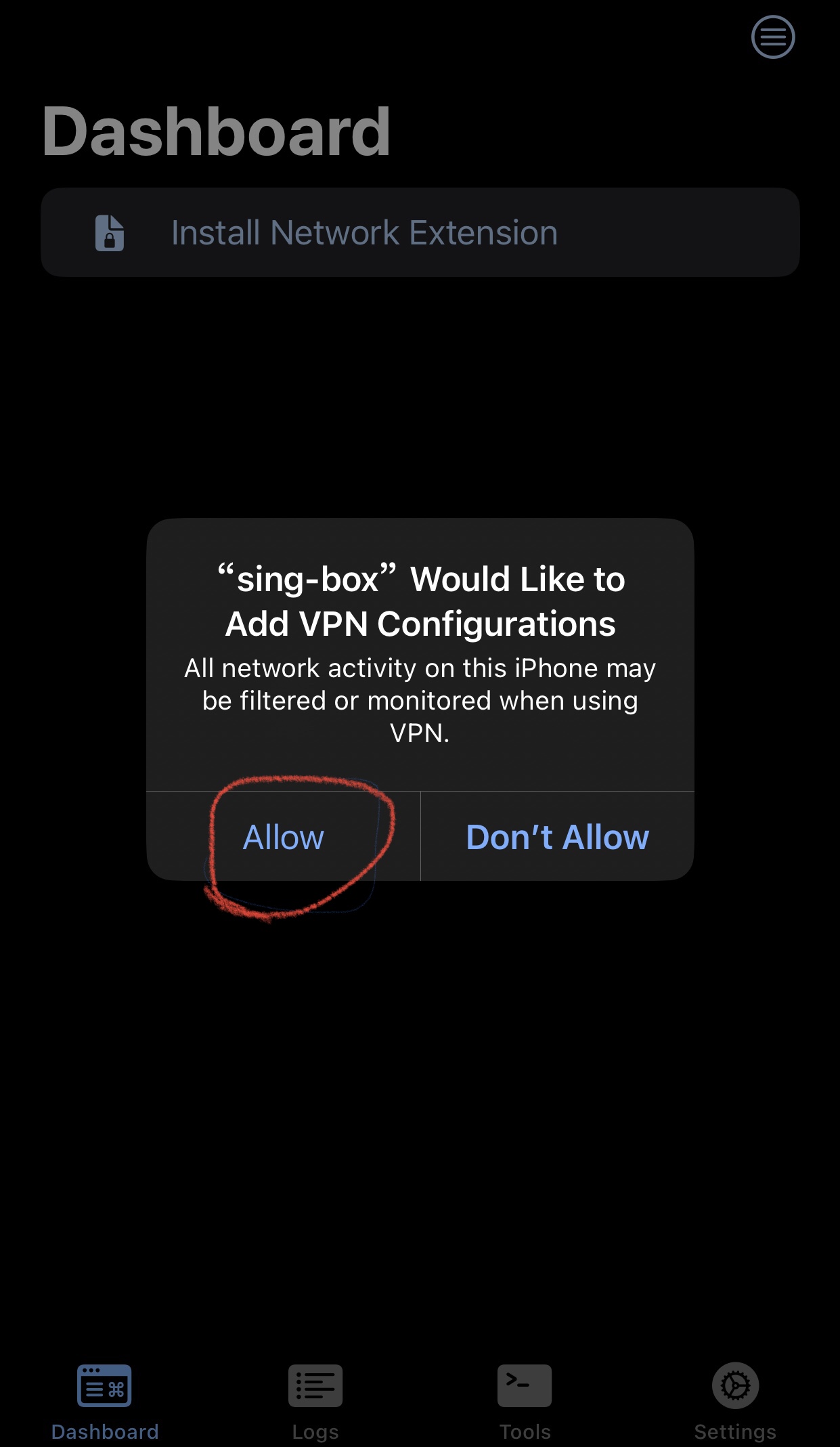 iOS dialog: sing-box Would Like to Add VPN Configurations, with Allow highlighted