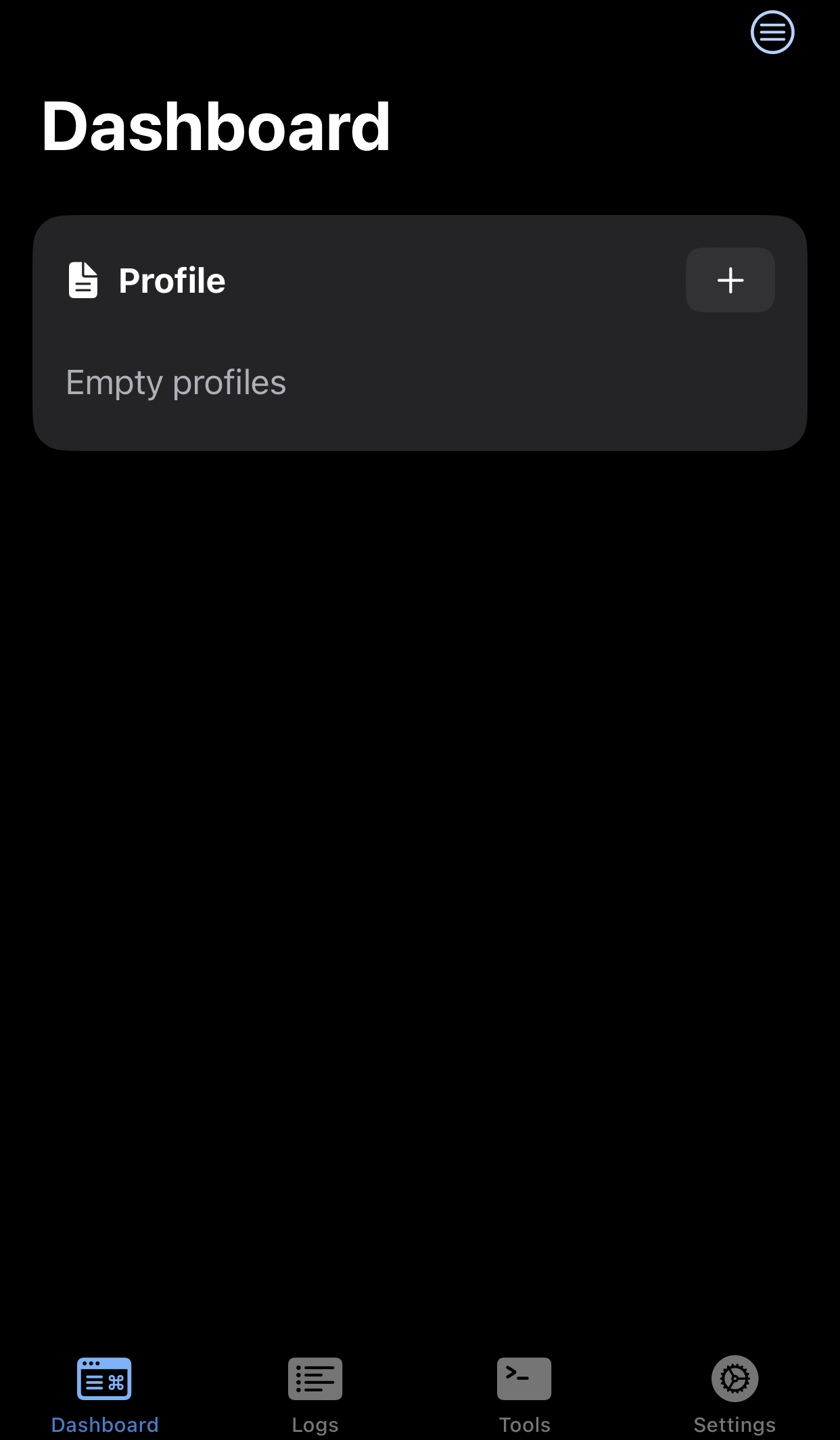iOS sing-box Dashboard Profile card with the + button