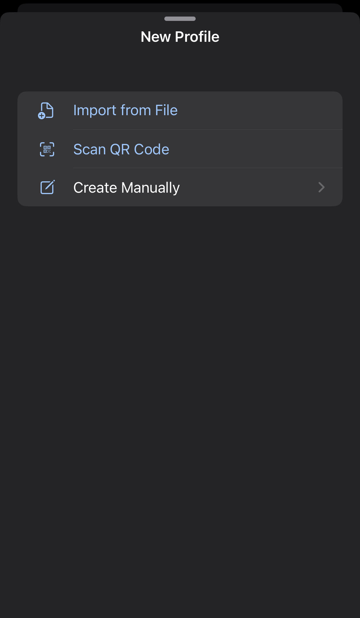 iOS sing-box New Profile sheet with Create Manually