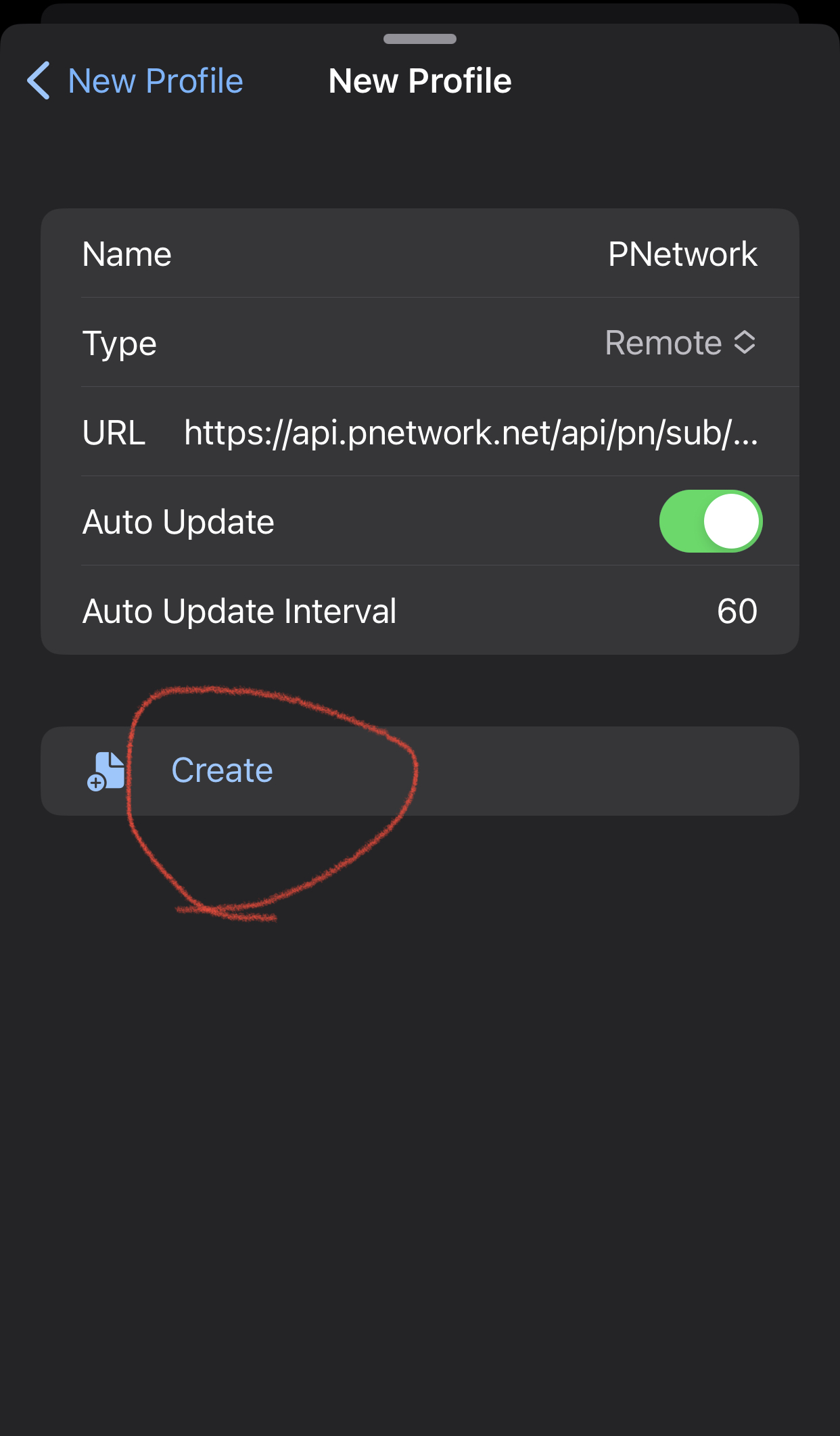 iOS sing-box New Profile form with type Remote and the subscription URL, Create highlighted