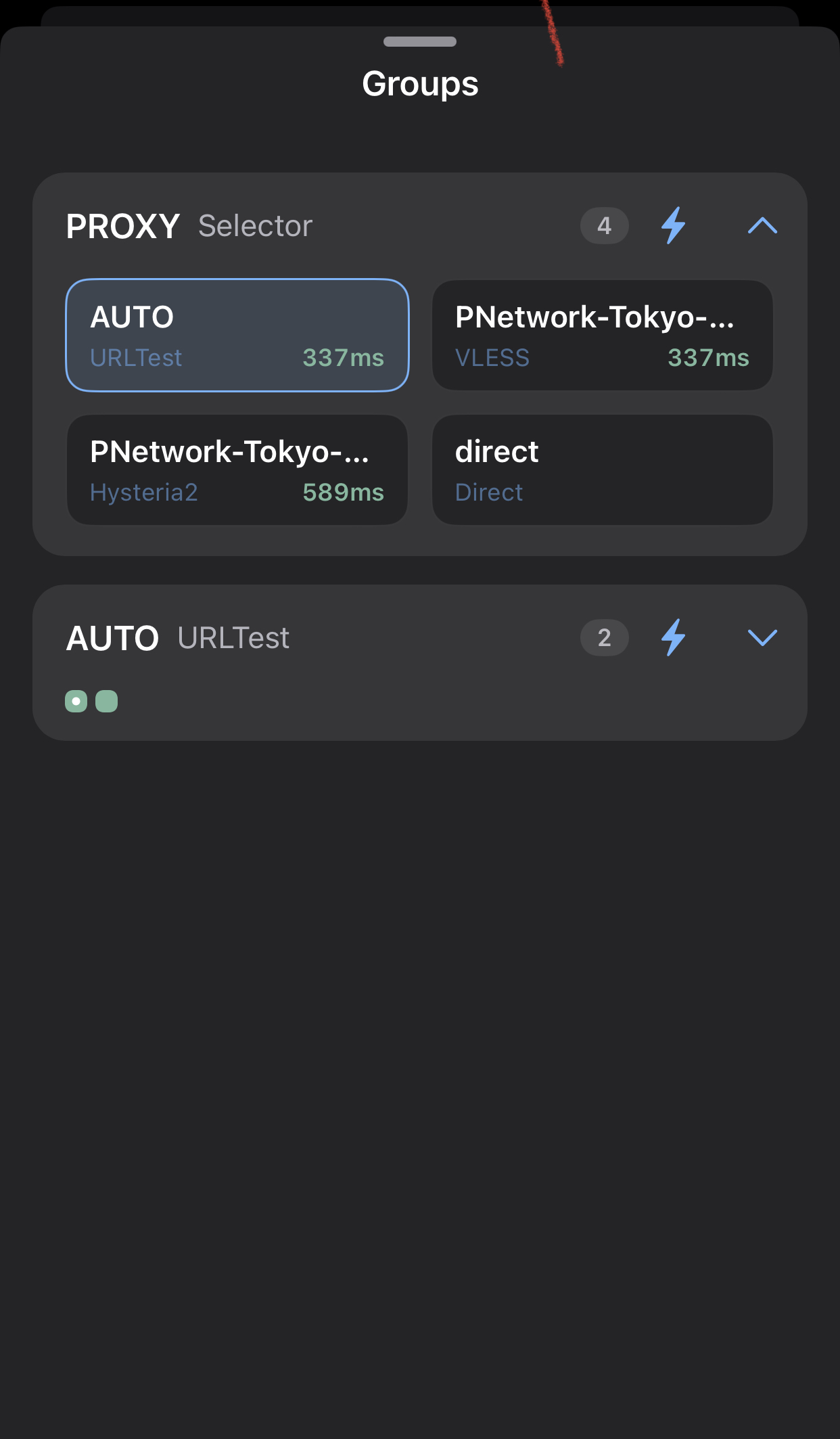 iOS sing-box Groups view showing the PNetwork node over VLESS and Hysteria2