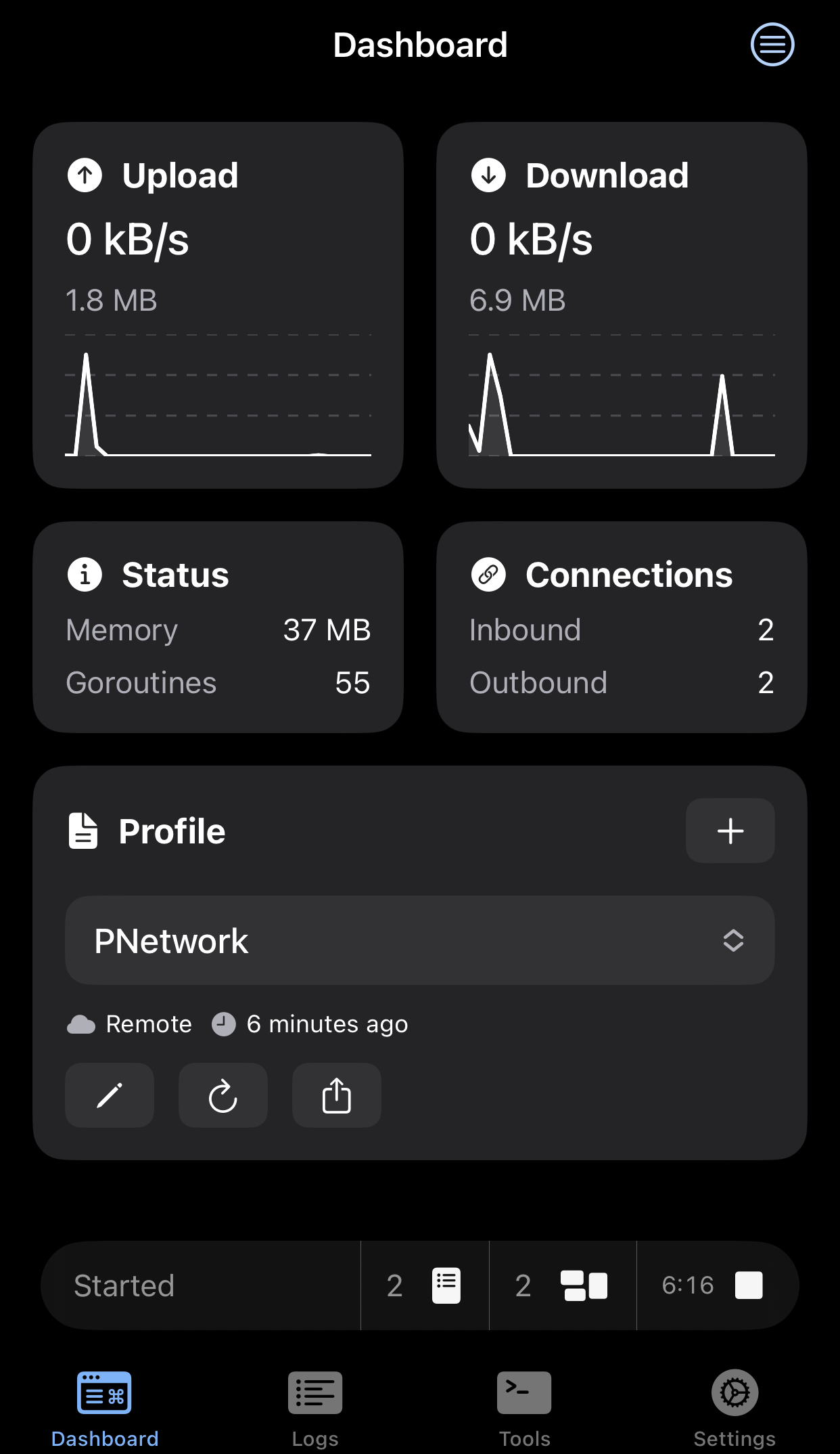 iOS sing-box Dashboard connected, showing traffic counters and the session timer