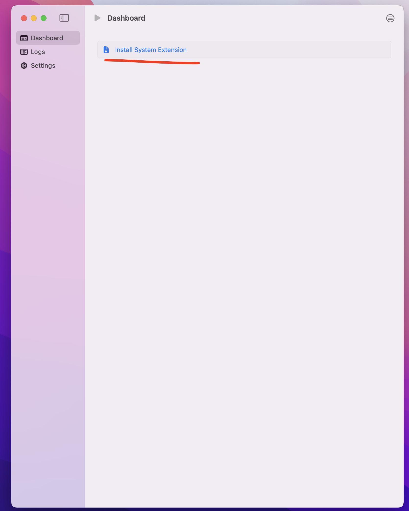 macOS sing-box Dashboard with the Install System Extension button