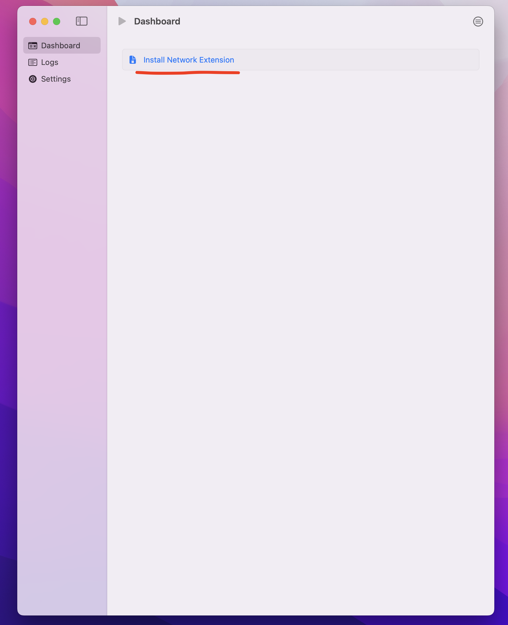 macOS sing-box Dashboard with the Install Network Extension button