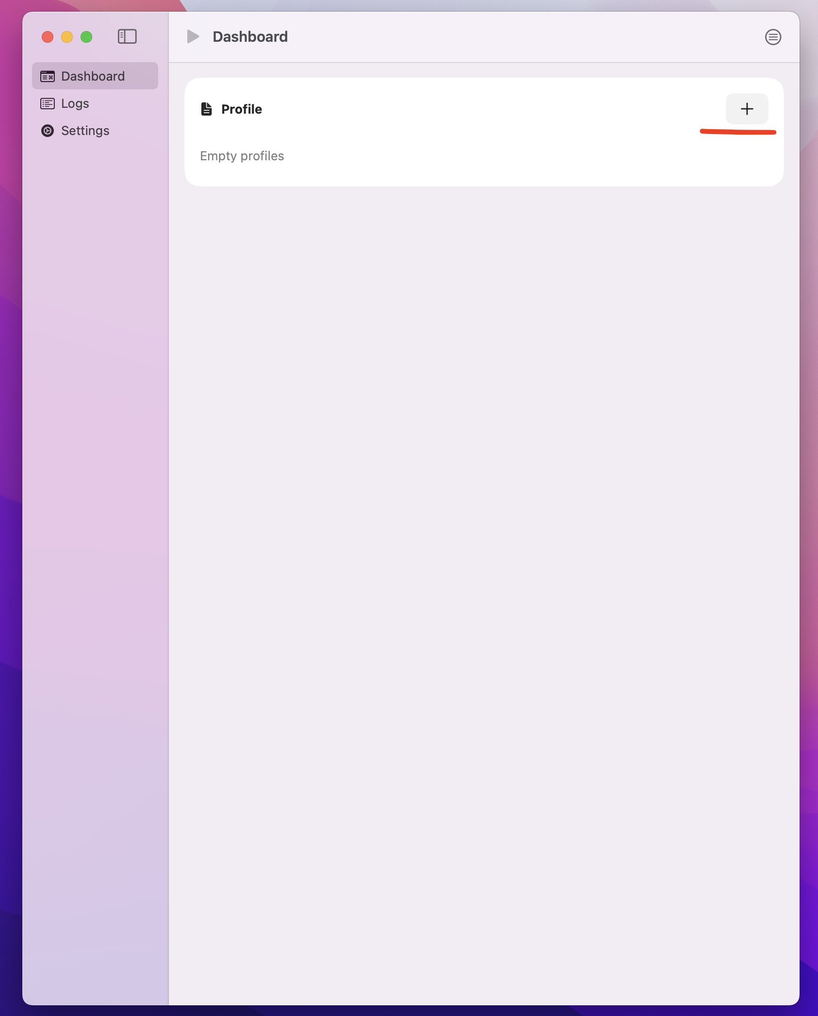 macOS sing-box Profile card with the + button highlighted