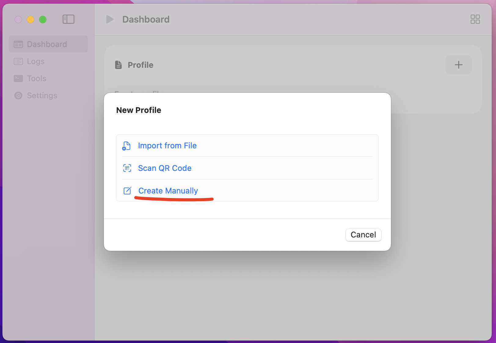 macOS sing-box New Profile sheet with Create Manually highlighted