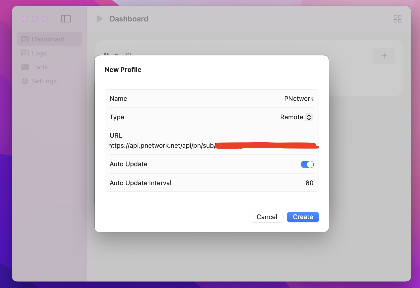 macOS sing-box New Profile form with type Remote and the subscription URL filled in
