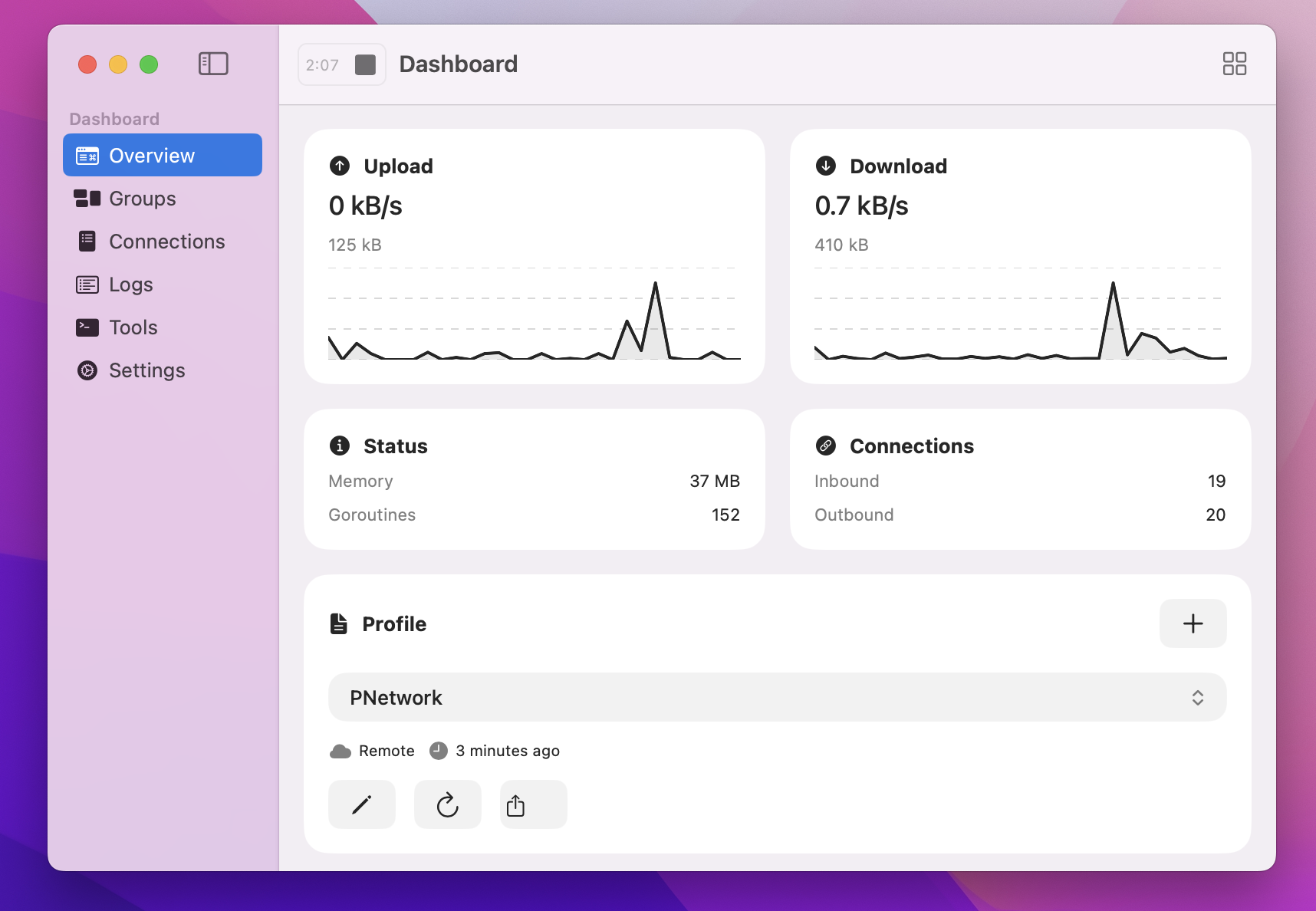 macOS sing-box Overview connected, showing traffic counters and connections
