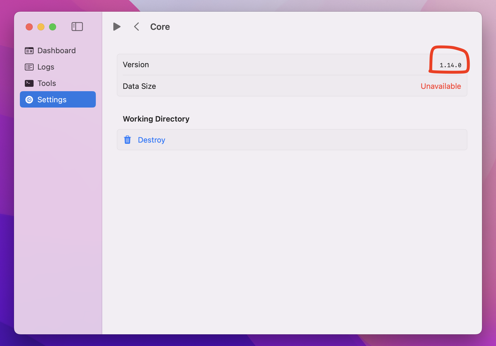 macOS sing-box Settings → Core showing core version 1.14.0