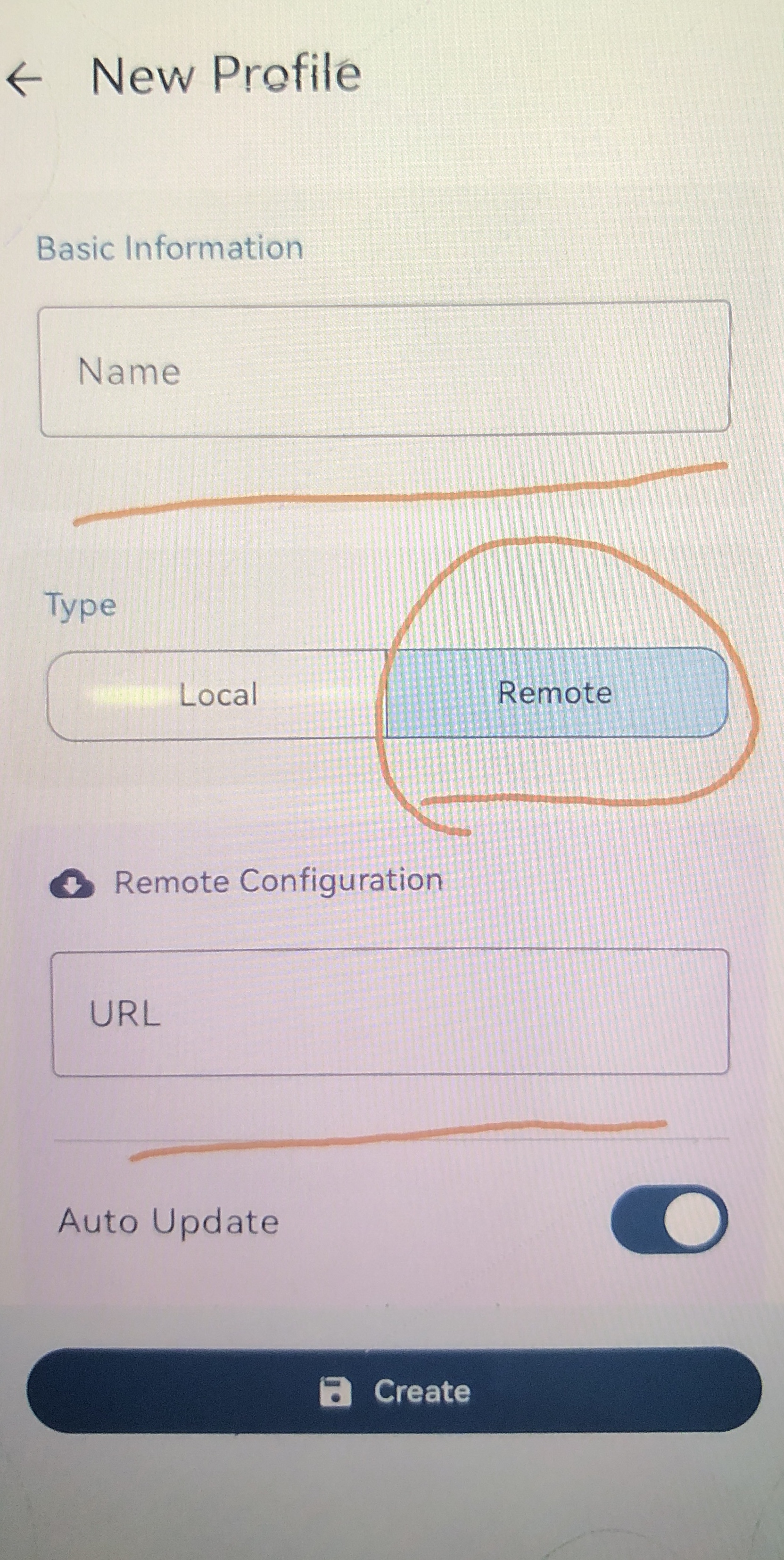 sing-box New Profile screen with type Remote and the subscription URL filled in