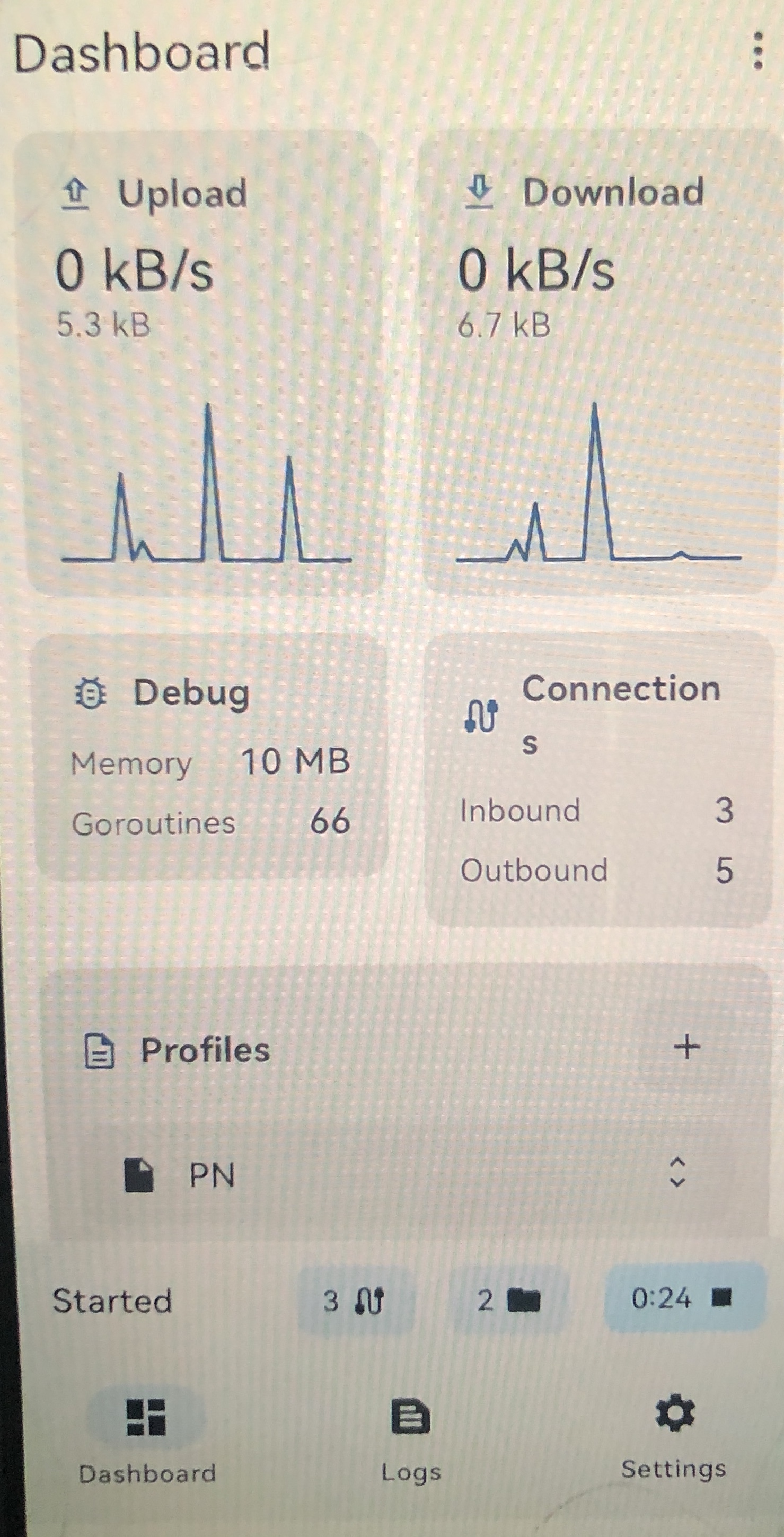 sing-box Dashboard connected, showing traffic counters and the session timer