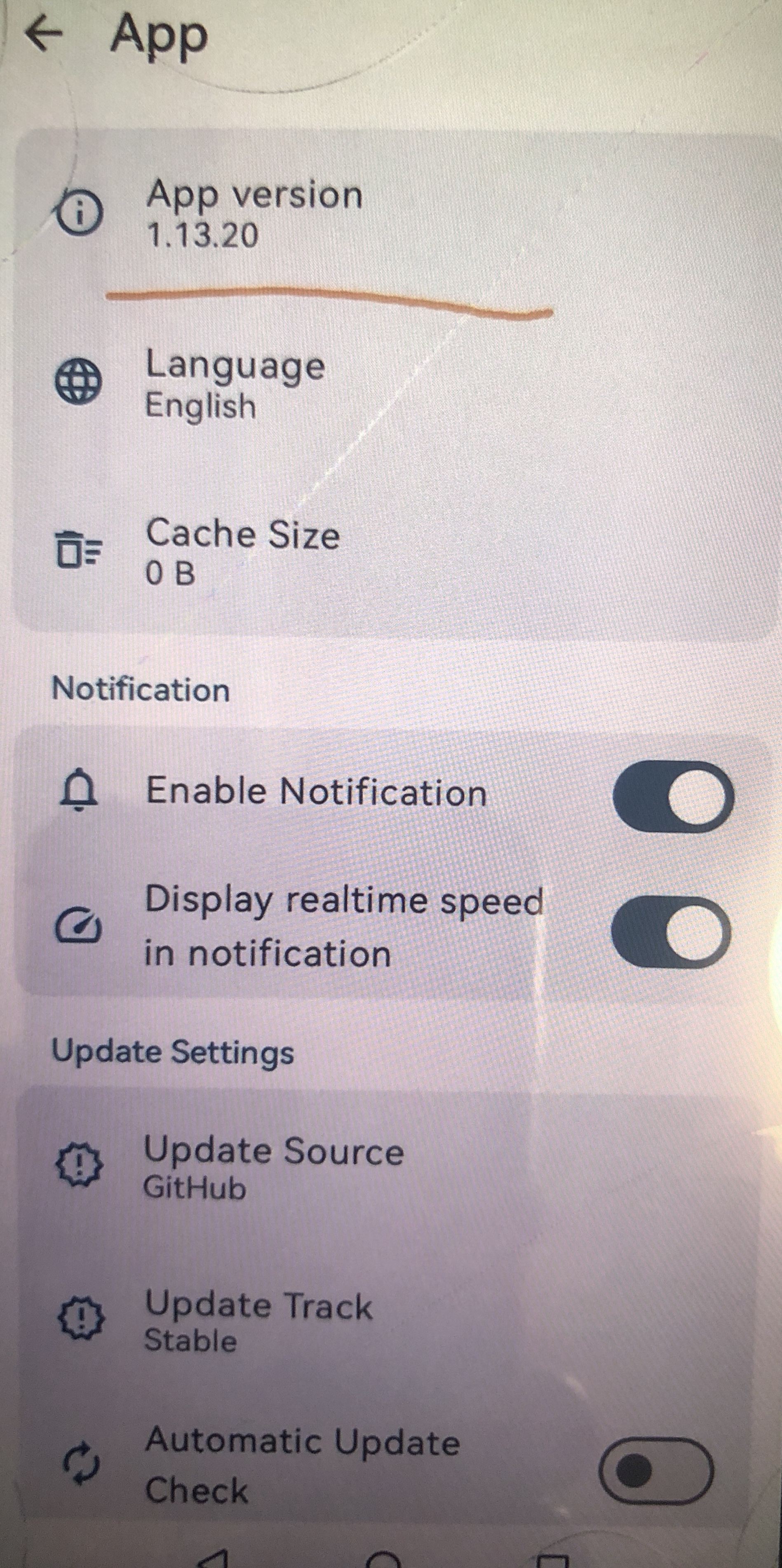 sing-box App settings showing app version 1.13.20